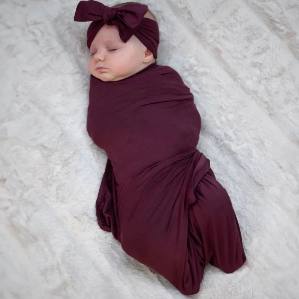 Burgundy Baby Swaddle, Hat and Headband Set in Plum